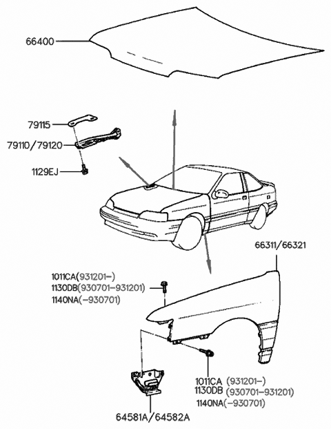 1993 Hyundai Scoupe Panel-Fender,RH Diagram for 66321-23650