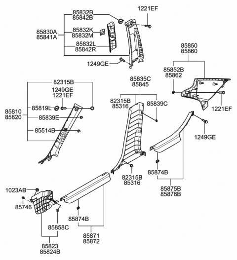 2007 Hyundai Sonata Trim Assembly-Center Pillar Lower LH Diagram for 85835-3K000-CH