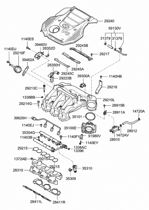2007 Hyundai Sonata Engine Cover Assembly Diagram for 29240-25020