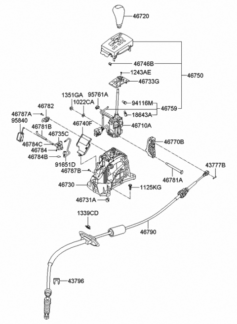 2007 Hyundai Sonata Automatic Transmission Lever Cable Assembly Diagram for 46790-3L100