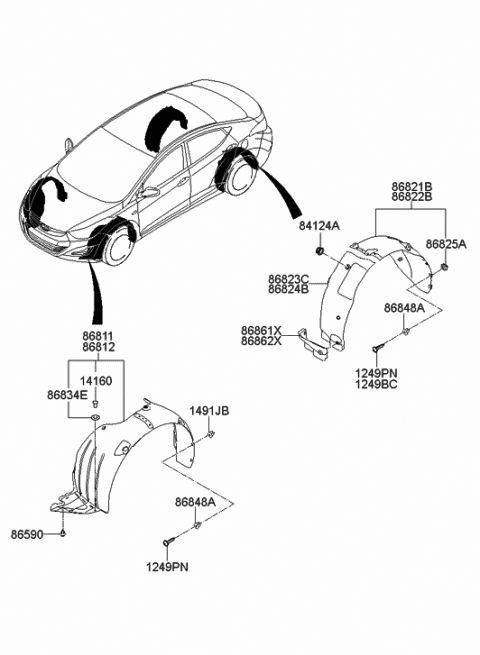 2014 Hyundai Elantra Rear Wheel Guard Assembly,Right Diagram for 86822-3Y500