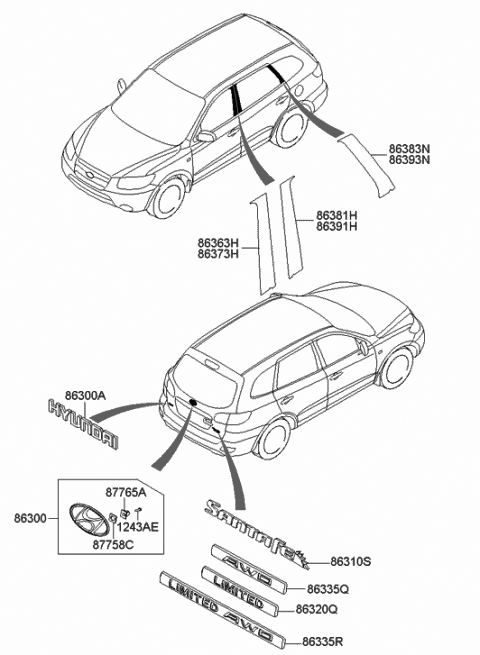 2007 Hyundai Santa Fe Tape-Rear Door Black Rear,RH Diagram for 86393-2B000
