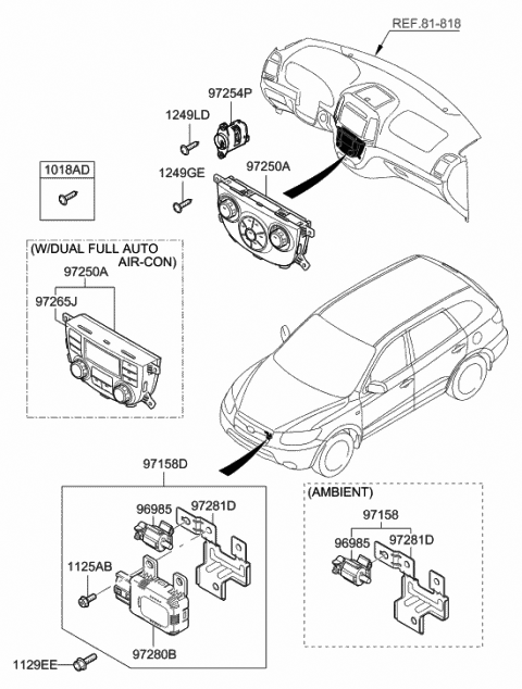 2008 Hyundai Santa Fe Heater Control Assembly Diagram for 97250-2B151-CA