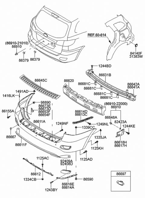 2009 Hyundai Santa Fe Clip-Rear Bumper Mounting,Outer Diagram for 86658-0W000