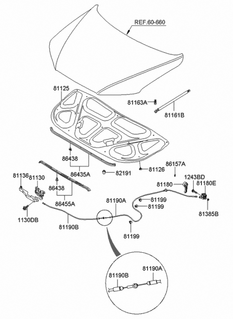 2007 Hyundai Santa Fe Cable Assembly-Hood Latch Release Diagram for 81190-2B000