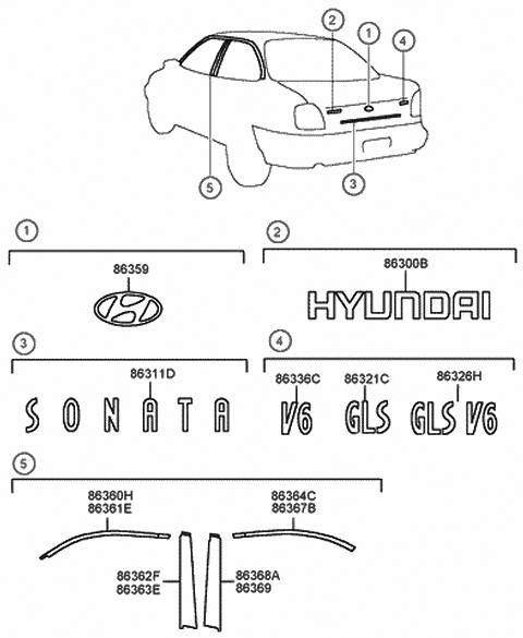 1998 Hyundai Sonata Gls Emblem Diagram for 86324-38000
