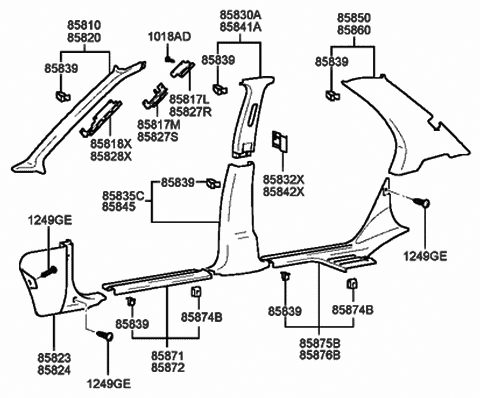 2001 Hyundai Sonata Trim Assembly-Center Pillar Lower RH Diagram for 85845-38000-TI