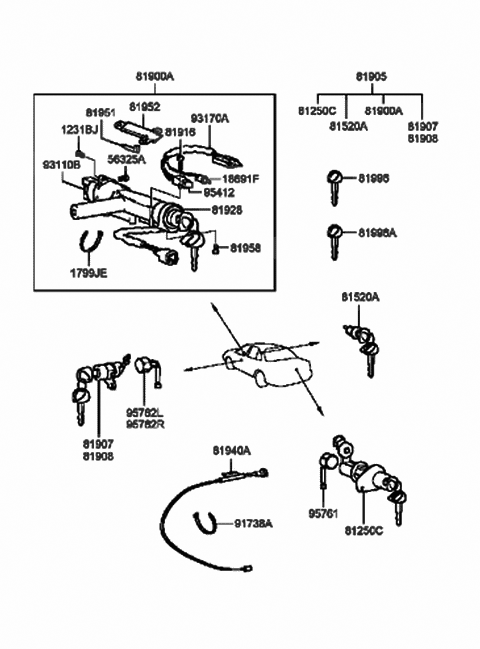 1999 Hyundai Sonata Lock Key & Cylinder Set Diagram for 81905-38270