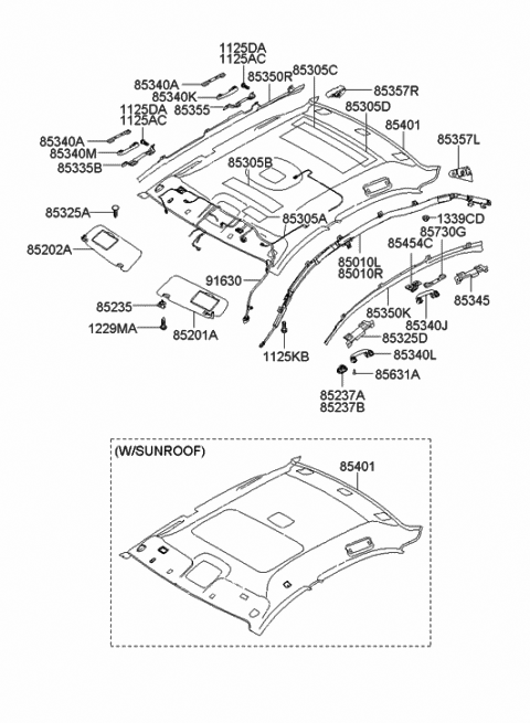 2006 Hyundai Sonata Headlining Assembly Diagram for 85301-0A010-QS