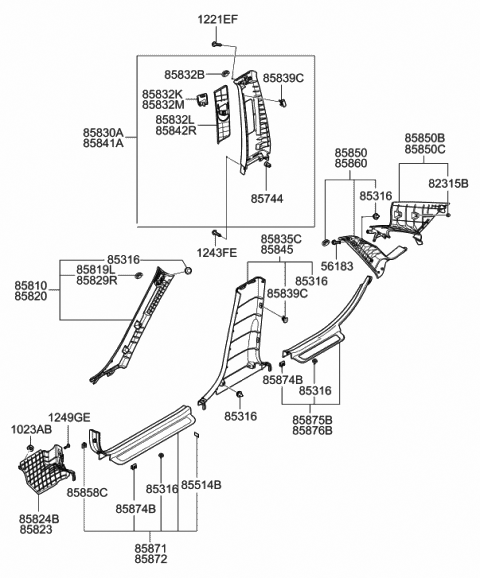 2008 Hyundai Azera Trim Assembly-Center Pillar Upper LH Diagram for 85830-3L201-J9