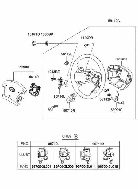 2006 Hyundai Azera Steering Remote Control Switch Assembly, Right Diagram for 96700-3L016-A9
