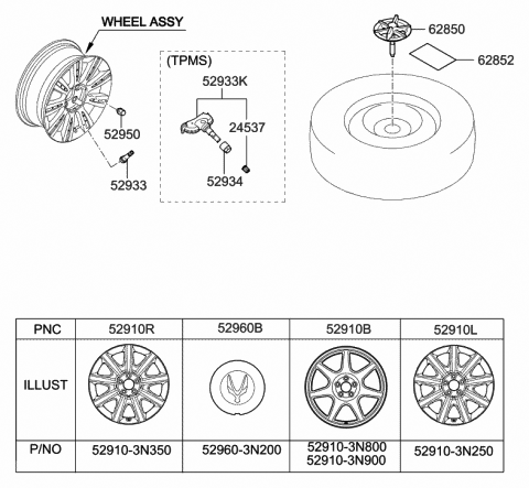 2010 Hyundai Equus Front Aluminium Wheel Assembly Diagram for 52910-3N250