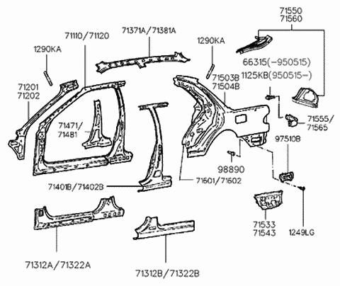 1997 Hyundai Sonata Extension Assembly-Quarter Outer Rear Lower,RH Diagram for 71563-34100