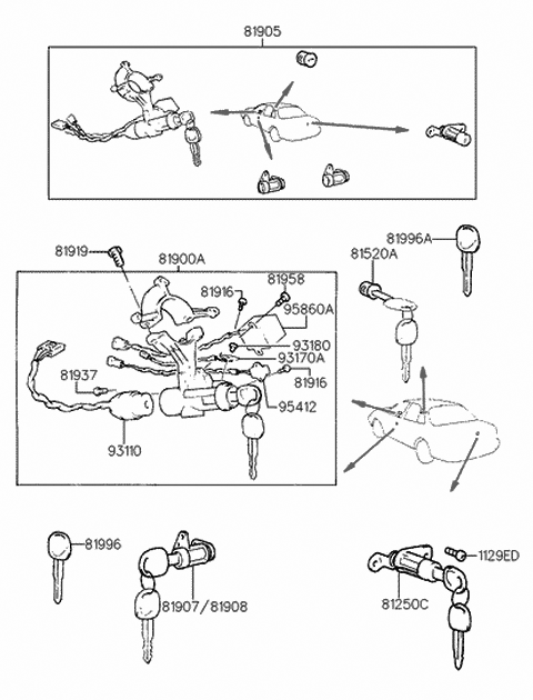 1998 Hyundai Sonata Key & Cylinder Set Diagram