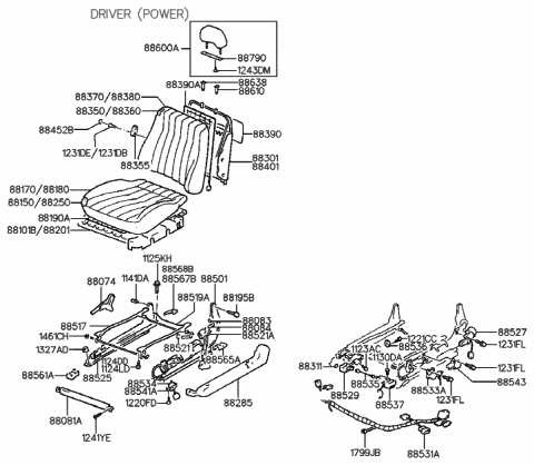 1993 Hyundai Sonata Handle Assembly-Lumbar Support Adjust Diagram for 88570-34000-AQ