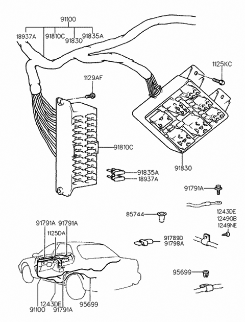 1994 Hyundai Sonata Relay Box Assembly Diagram for 91830-34A00
