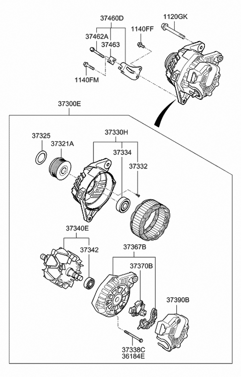 2011 Hyundai Elantra Alternator Assembly Diagram for 37300-2E200
