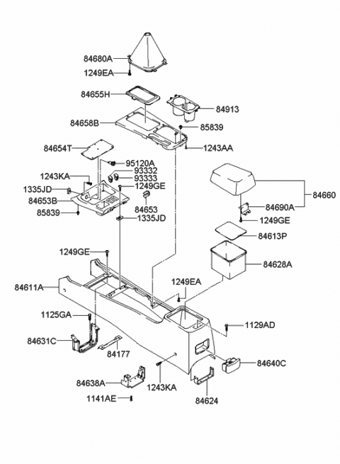 2002 Hyundai Sonata Console Armrest Assembly Diagram for 84660-3C000-SR