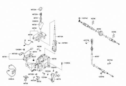 2002 Hyundai Sonata Automatic Transmission Lever Cable Assembly Diagram for 46790-38110