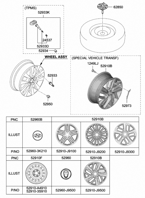 2020 Hyundai Kona Aluminium Wheel Assembly Diagram for 52910-J9100