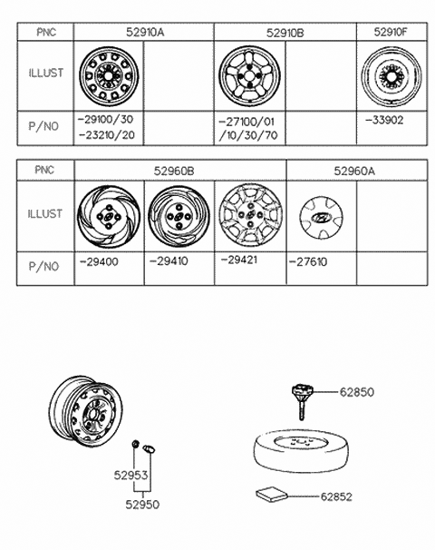 1998 Hyundai Elantra Aluminium Wheel Hub Cap Assembly Diagram for 52960-27610