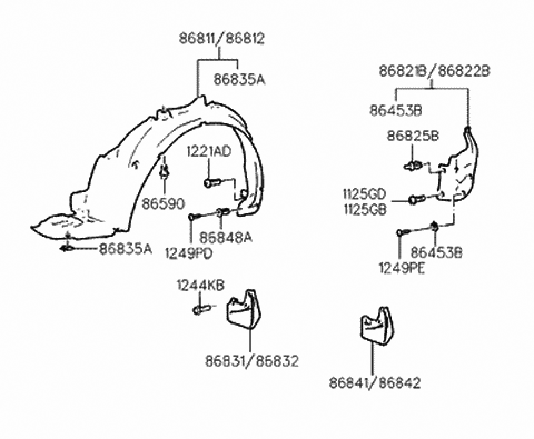 1998 Hyundai Elantra Rear Wheel Guard Assembly,Left Diagram for 86821-29600