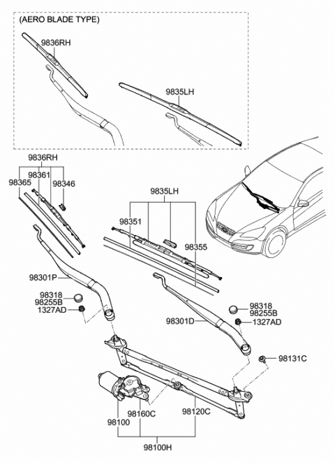 2009 Hyundai Genesis Coupe Windshield Driver Blade Assembly Diagram for 98350-2B000