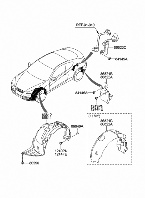 2008 Hyundai Genesis Coupe Rear Wheel Front Piece Guard,Left Diagram for 86823-2M000