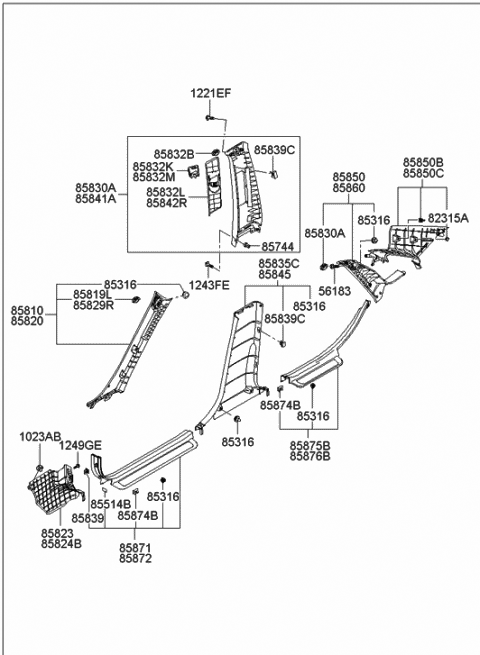 2006 Hyundai Azera Trim Assembly-Center Pillar Upper RH Diagram for 85840-3L200-QS