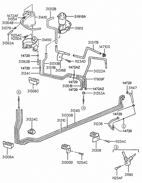 1991 Hyundai Excel Clamp-Fuel Tube Diagram for 31324-23100