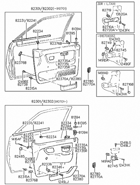 1993 Hyundai Excel Right Door Armrest Assembly Diagram for 82720-24010-AQ