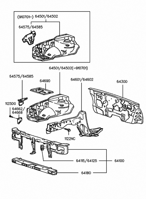 1992 Hyundai Excel Fender Apron & Radiator Support Panel Diagram