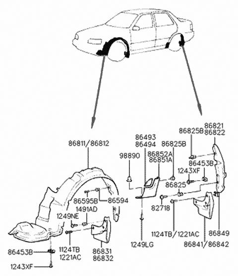 1990 Hyundai Excel Guard Assembly-Stone Under,RH Diagram for 86852-24000