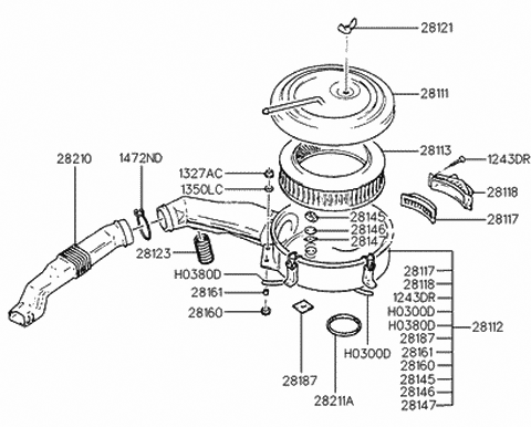 1994 Hyundai Excel Resonator Assembly Diagram for 28190-24510