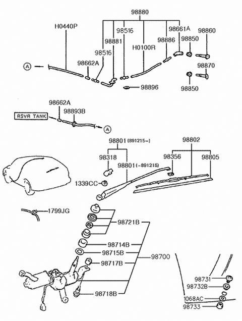 1990 Hyundai Excel Rear Wiper Arm Assembly Diagram for 98801-24001
