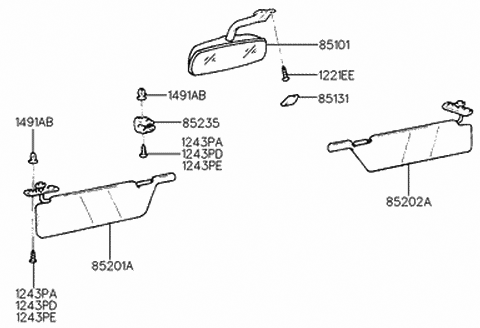 1991 Hyundai Excel Sun Visor Assembly, Right Diagram for 85202-24752-AR