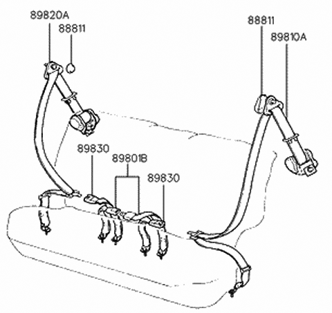 1992 Hyundai Excel 2Nd Rear Right Seat Belt Assembly Diagram for 89820-24100-AQ