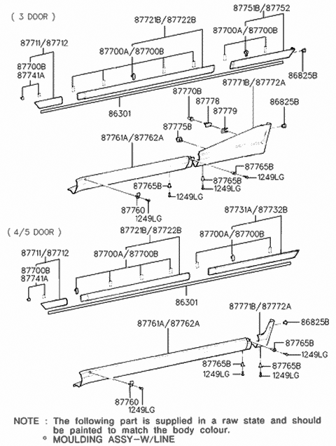1990 Hyundai Excel Plug-Side Sill Moulding Mounting Diagram for 87770-24100