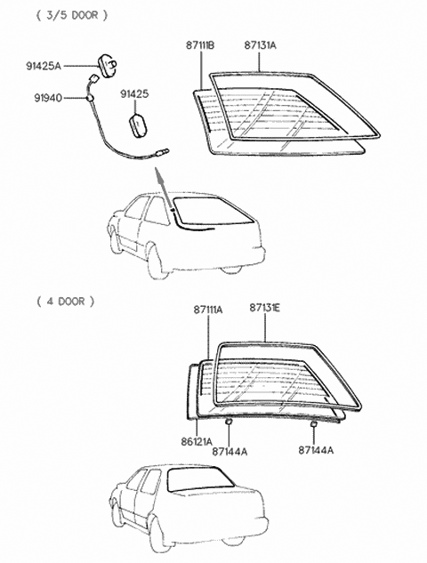 1990 Hyundai Excel Glass-Tail Gate Diagram for 87111-24285
