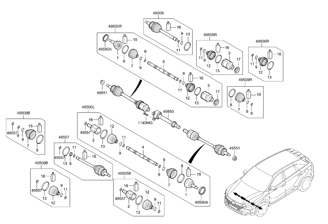 Hyundai 495R1-M5000 JOINT & SHAFT KIT-FRONT AXLE W