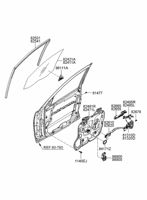 2006 Hyundai Santa Fe Front Door Window Regulator & Glass Diagram