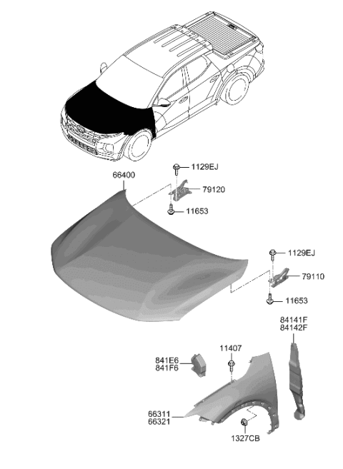 2023 Hyundai Santa Cruz Fender & Hood Panel Diagram