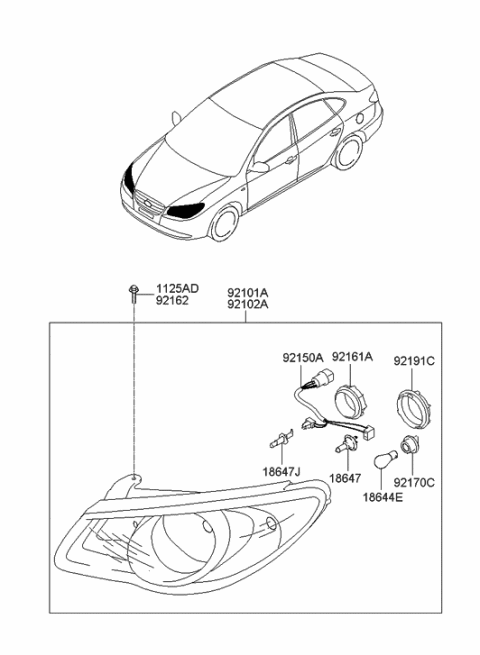 2009 Hyundai Elantra Driver Side Headlight Assembly Composite Diagram for 92101-2H051