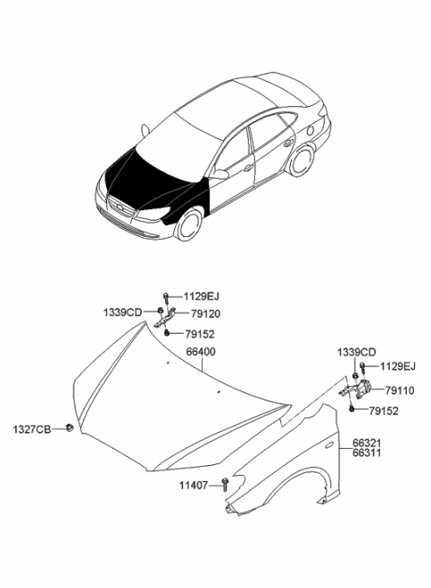 2007 Hyundai Elantra Fender & Hood Panel Diagram