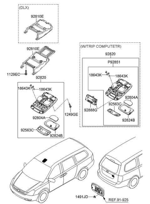 2007 Hyundai Entourage Bracket-Overhead Room Lamp Mounting Diagram for 92815-4D010