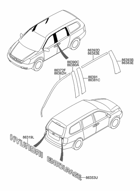 2007 Hyundai Entourage Black Tape-Front Door Rear,LH Diagram for 86363-4D001