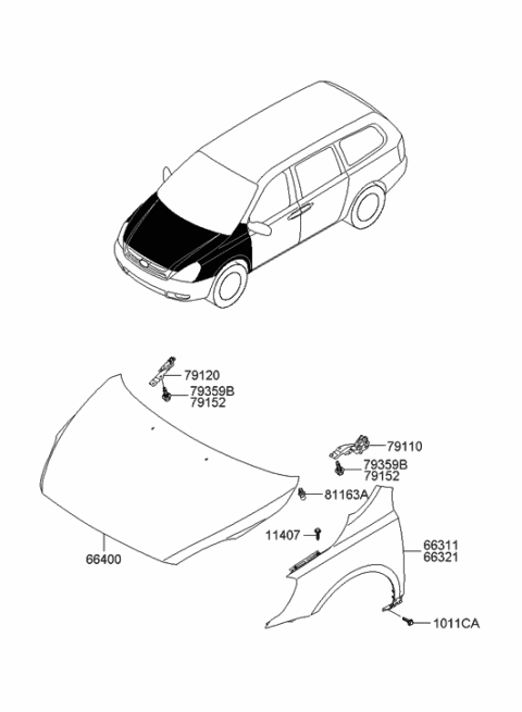 2008 Hyundai Entourage Fender & Hood Panel Diagram