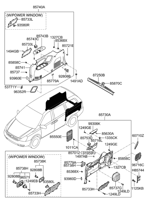 2006 Hyundai Entourage Rear Power Window Sub Switch Assembly, Right Diagram for 93590-4D500-CS