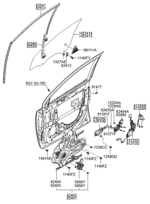 2007 Hyundai Entourage Front Door Window Regulator & Glass Diagram