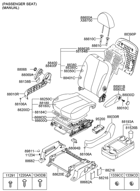 2006 Hyundai Entourage Passenger Seat Armrest Assembly, Front Diagram for 88900-4D010-CS2